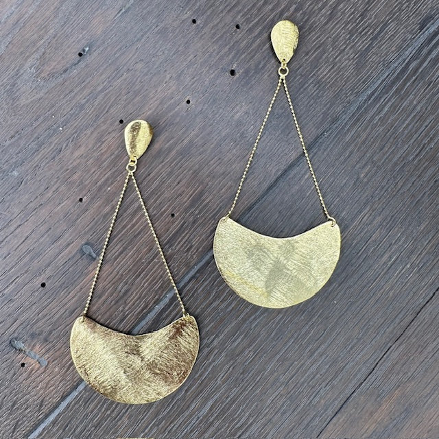 Sculptural crescent moon drop earrings - brushed gold