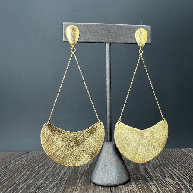 Sculptural crescent moon drop earrings - brushed gold