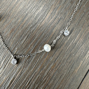 Asymmetrical dainty Pearl and CZ Necklace - sterling silver