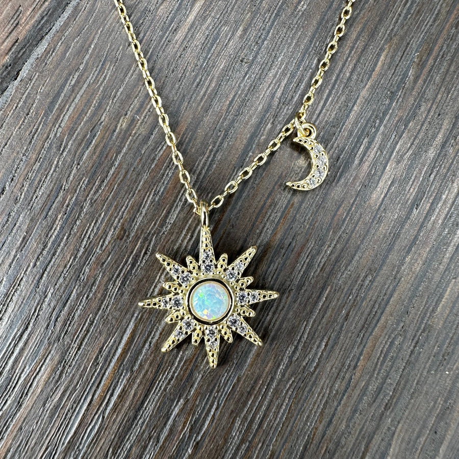 Sun Burst and Moon pavé cz Necklace - sterling silver, gold vermeil