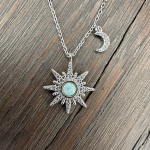 Sun Burst and Moon pavé cz Necklace - sterling silver, gold vermeil