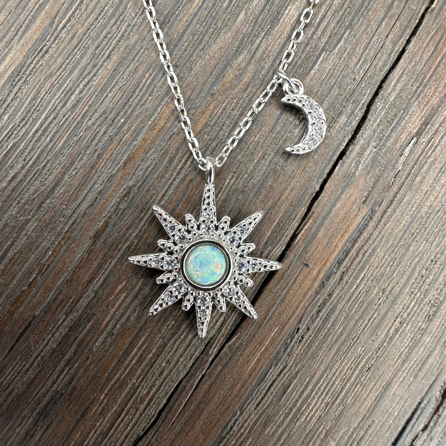 Sun Burst and Moon pavé cz Necklace - sterling silver, gold vermeil