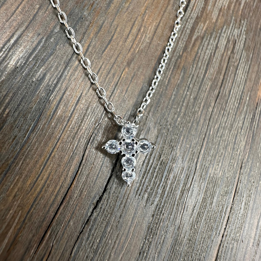 Tiny CZ cross necklace - sterling silver