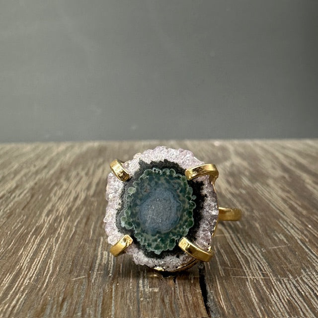 Amethyst/Jasper stalactite slice ring - silver, gold