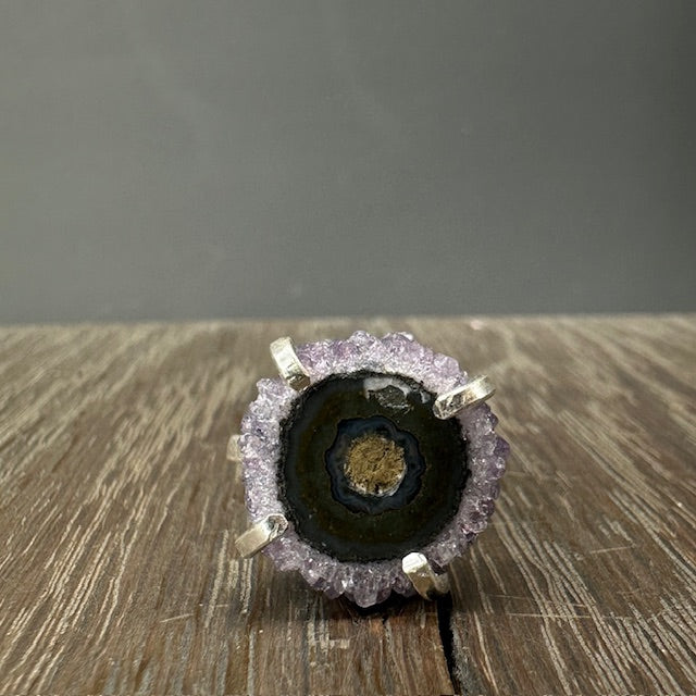 Amethyst/Jasper stalactite slice ring - silver, gold