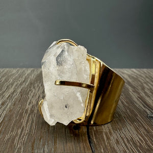 Crystal quartz cuff ring- Gold tone