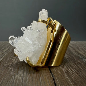 Crystal quartz cuff ring- Gold tone