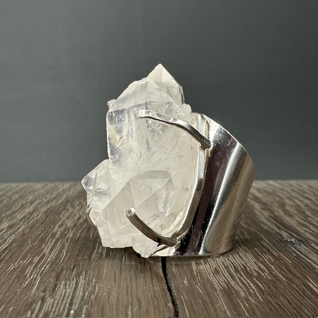 Crystal quartz cluster cuff ring - silver tone