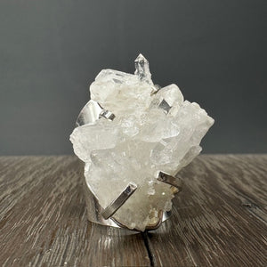 Crystal quartz cluster cuff ring - silver tone