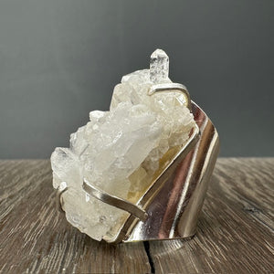 Crystal quartz cluster cuff ring - silver tone