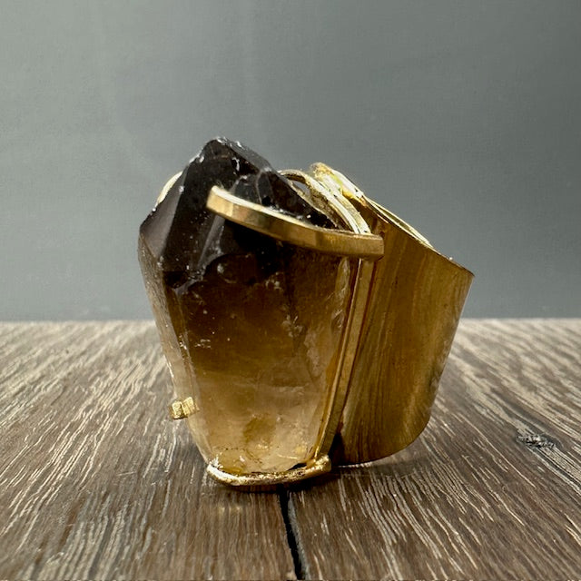 Smoky quartz cluster cuff ring - gold tone