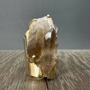 Smoky quartz cluster cuff ring - gold tone