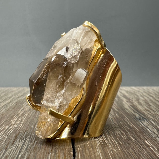 Smoky quartz cluster cuff ring - gold tone