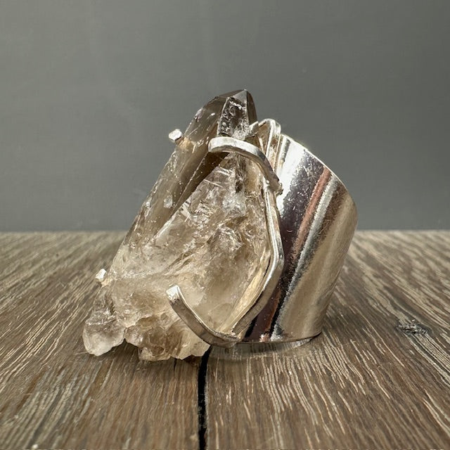 Smoky quartz cluster cuff ring - silver tone