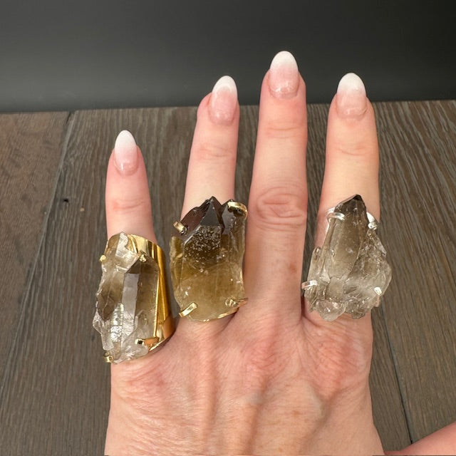 Smoky quartz cluster cuff ring - gold tone