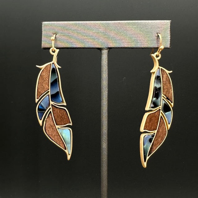 Abalone shell and wood leaf earring - brushed gold