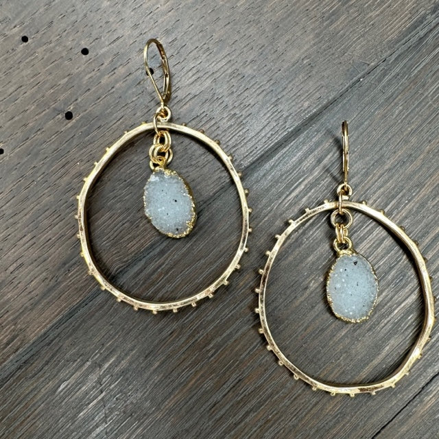 Beaded Front Facing Hoops With Druzy Accent - Gold