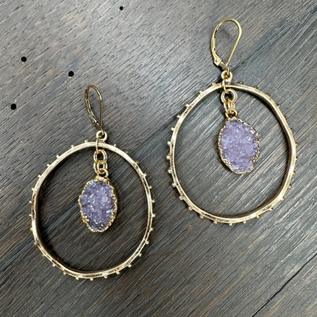 Beaded Front Facing Hoops With Druzy Accent - Gold