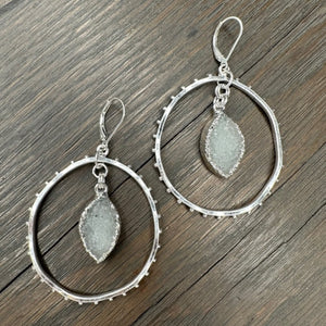 Beaded Front Facing hoops With Druzy Accent - Silver
