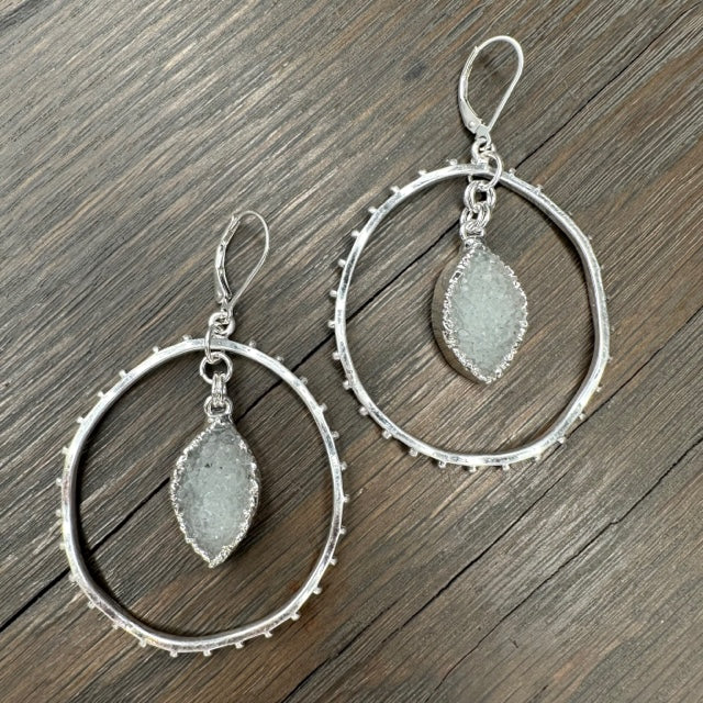 Beaded Front Facing hoops With Druzy Accent - Silver