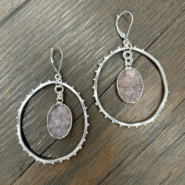 Beaded Front Facing hoops With Druzy Accent - Silver