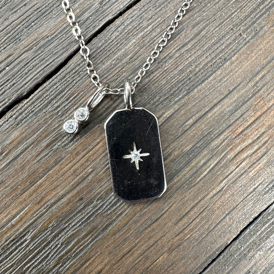 Tiny tag with cz star and cz charm necklace - sterling silver