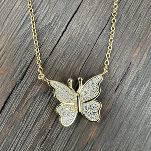 Pavé cz small butterfly necklace - sterling silver, gold vermeil