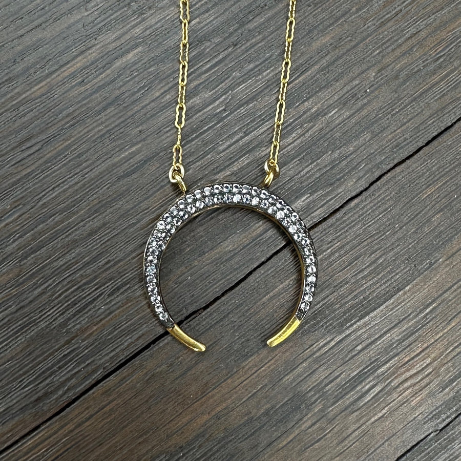 Pavé cz crescent moon necklace - mixed metals