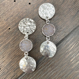 Hammered coin and druzy drop earrings - silver