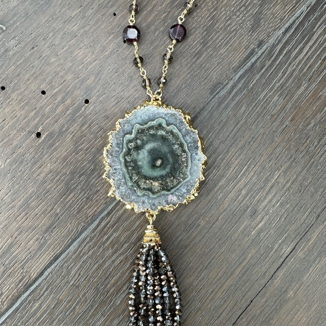 Smokey Quartz & Garnet Necklace with Stalactite Slice Pendent - gold tone