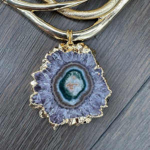 Vine Statement Necklace with Amethyst Stalactite Slice - gold