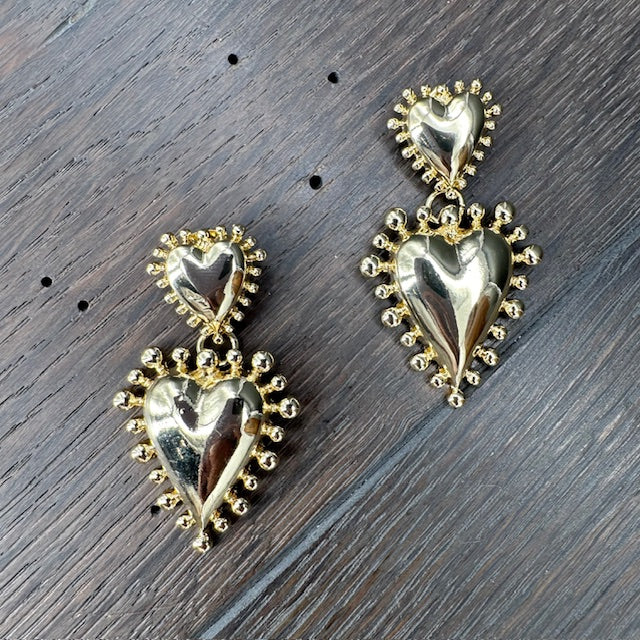 Double beaded heart earrings - gold