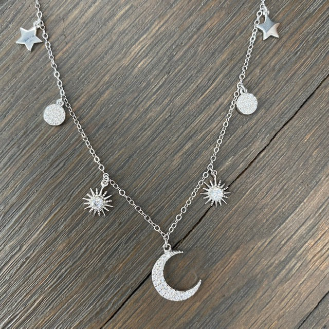 Crescent moon "moon phases" charm layering necklace - sterling, gold vermeil