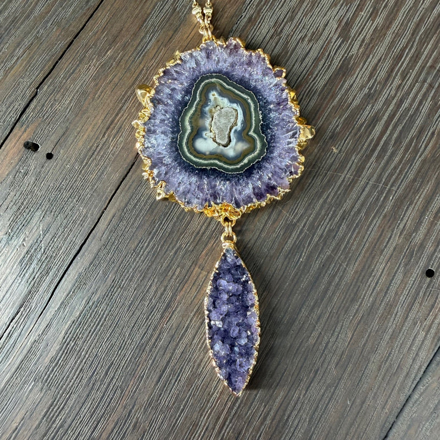 Amethyst/jasper stalactite slice and druzy necklace - gold - Renee Piatt Collection