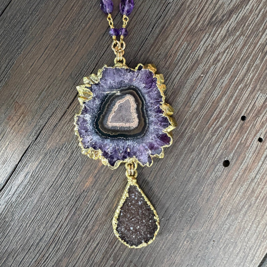 Amethyst/jasper stalactite slice and druzy pendant - gold - Renee Piatt Collection