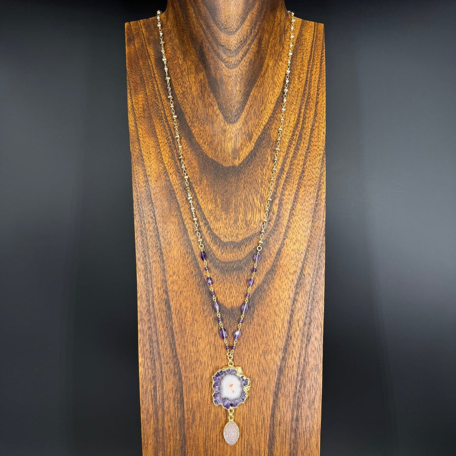 Amethyst/jasper stalactite slice and druzy pendant - gold - Renee Piatt Collection
