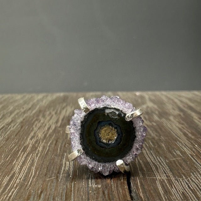 Amethyst/Jasper stalactite slice ring - silver, gold - Renee Piatt Collection