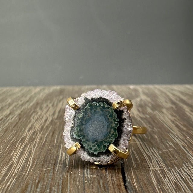Amethyst/Jasper stalactite slice ring - silver, gold - Renee Piatt Collection