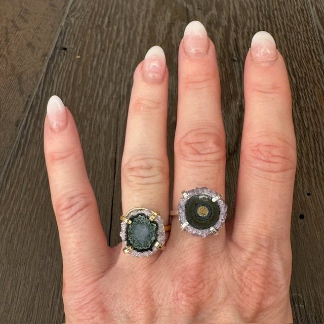 Amethyst/Jasper stalactite slice ring - silver, gold - Renee Piatt Collection