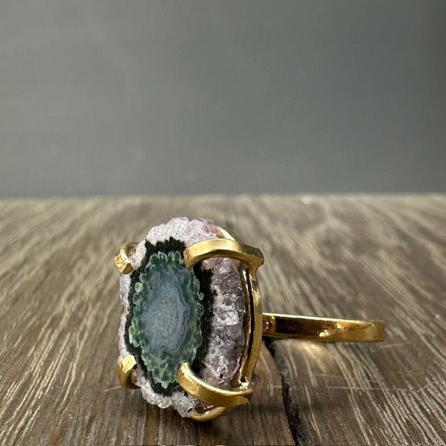 Amethyst/Jasper stalactite slice ring - silver, gold - Renee Piatt Collection