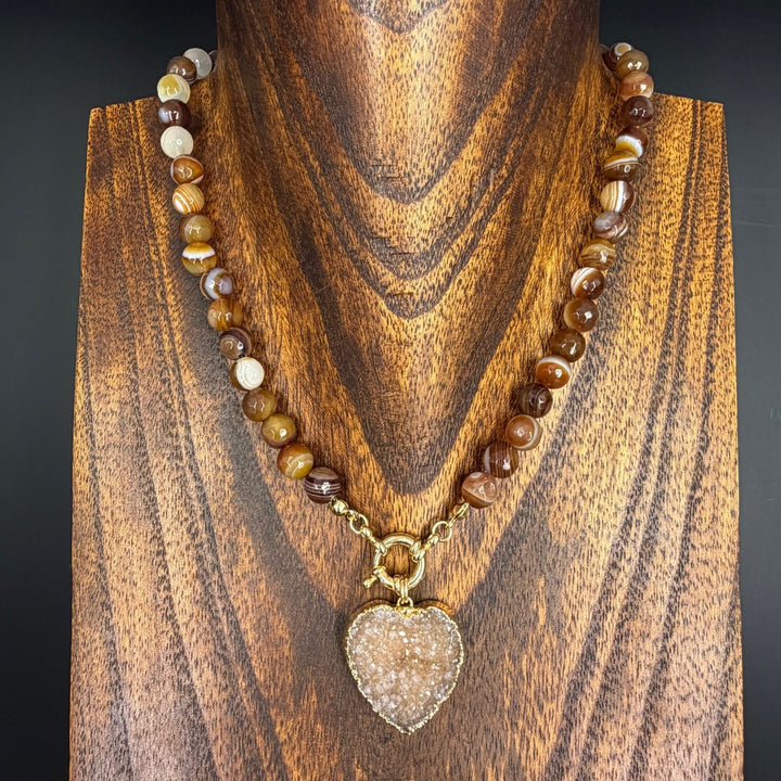 Chocolate agate gemstone necklace with druzy - gold - Renee Piatt Collection