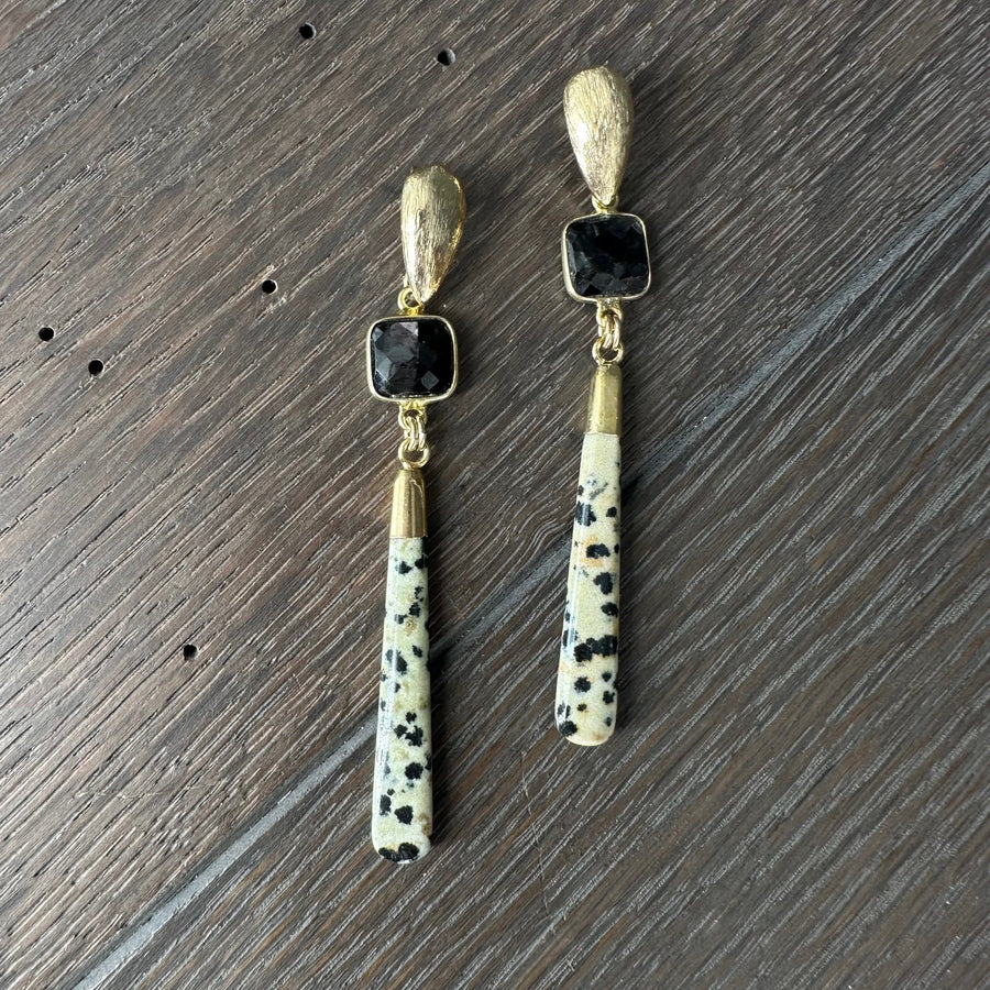 Dalmatian jasper and onyx earring - gold - Renee Piatt Collection