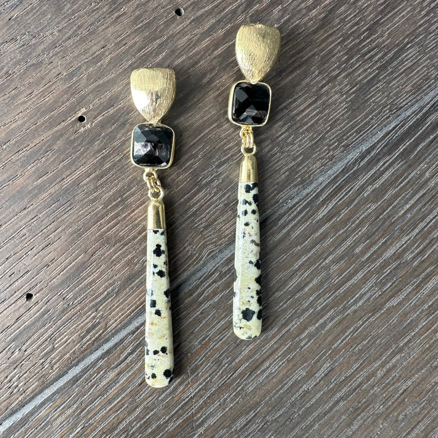 Dalmatian jasper and onyx earring - gold - Renee Piatt Collection