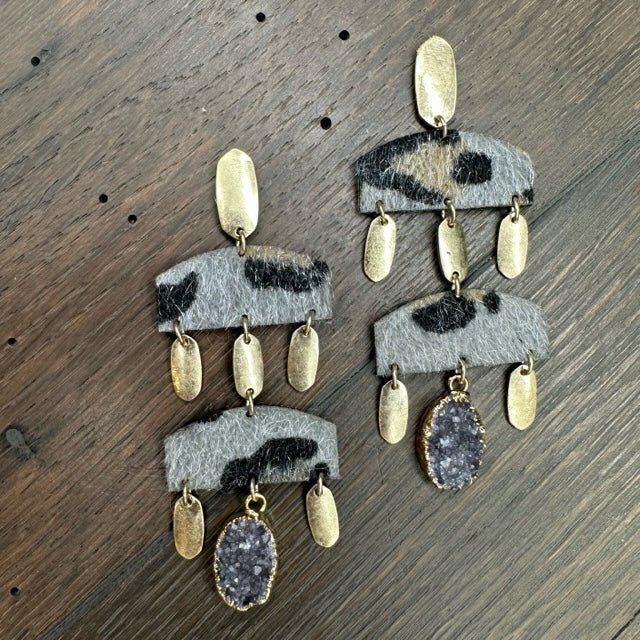 Faux pony hair leopard geometric earrings with druzy - gold - Renee Piatt Collection