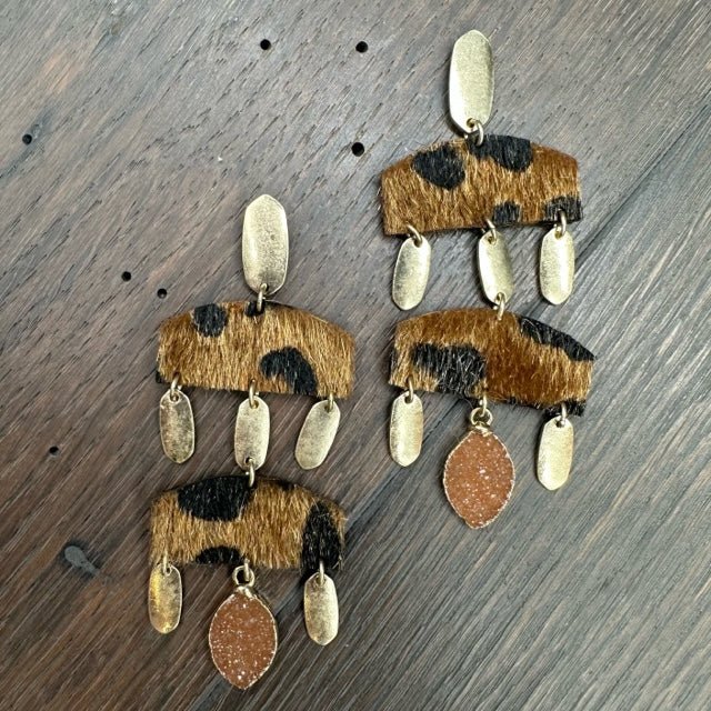 Faux pony hair leopard geometric earrings with druzy - gold - Renee Piatt Collection