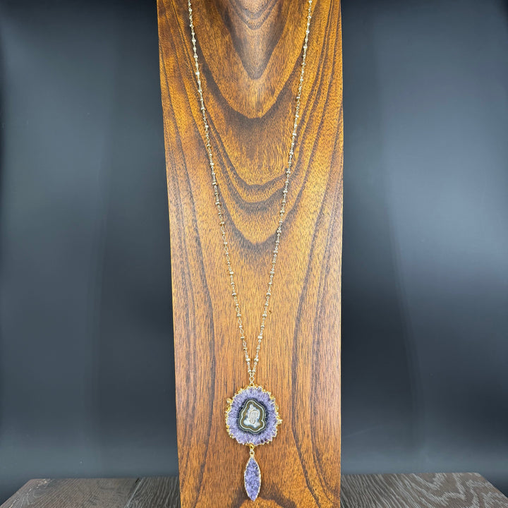 Amethyst/jasper stalactite slice and druzy necklace - gold