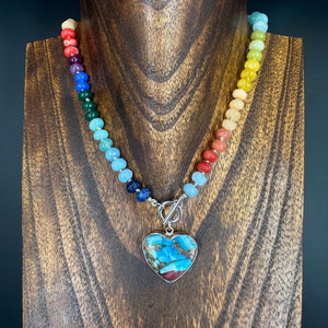 Hand-knotted multi gemstone necklace with turquoise - silver