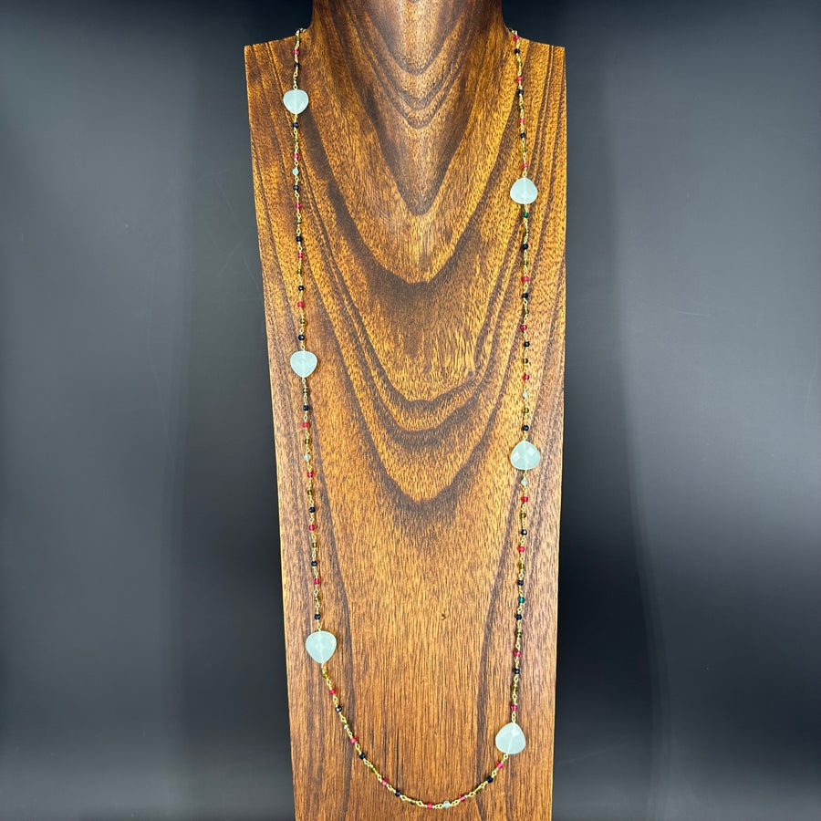 Long beaded gemstone necklace - gold tone