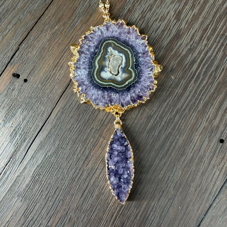 Amethyst/jasper stalactite slice and druzy necklace - gold