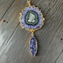 Amethyst/jasper stalactite slice and druzy necklace - gold